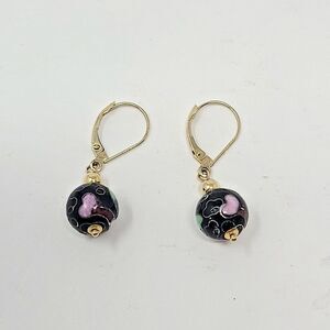 Vtg Pair of Earrings 14K Gold Cloisonne Flower Ball Drop Dangle Signed ZZ 585